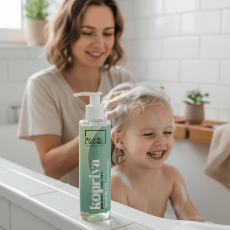 Bathing a child with natural Nettle shampoo - Mala od lavande